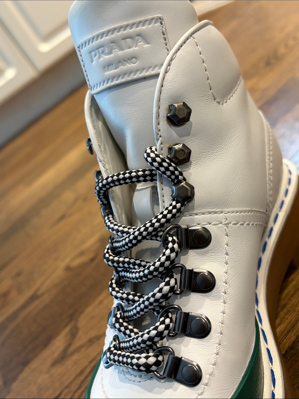 Prada White Leather Lace-Up Boots with Green Toe - Picture 12 of 16